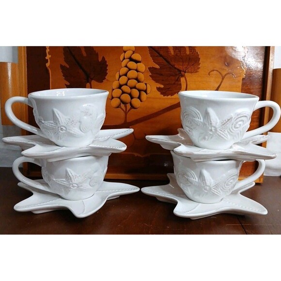 Blue Sky 2007 Majolica Starfish Sea Shell Coffee Tea Cups & Saucers Set Of 4 - Picture 1 of 10